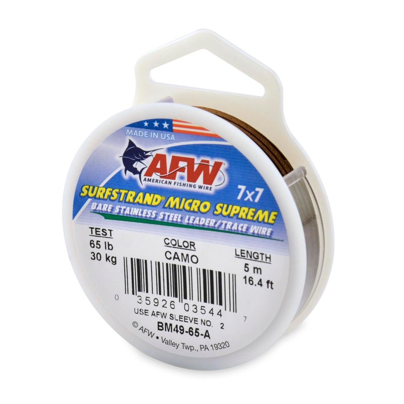 AFW American Fishing Wire Surfstrand Micro Supreme, Bare 7x7 Stainless Steel Leader Wire, 65 lb Test, 0.023" Diameter, Camo, 5m - Image 1